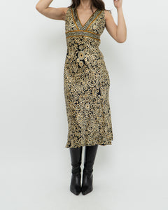 Vintage x Black, Gold Silk-Feel Patterned Dress (XS, S)