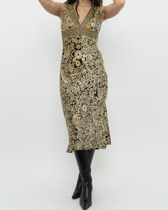 Vintage x Black, Gold Silk-Feel Patterned Dress (XS, S)