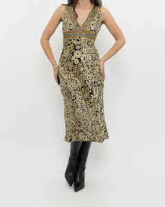 Vintage x Black, Gold Silk-Feel Patterned Dress (XS, S)