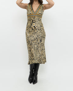 Vintage x Black, Gold Silk-Feel Patterned Dress (XS, S)