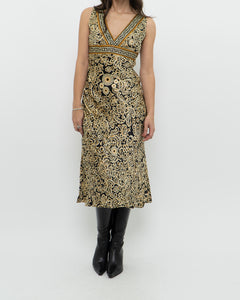 Vintage x Black, Gold Silk-Feel Patterned Dress (XS, S)