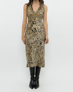 Vintage x Black, Gold Silk-Feel Patterned Dress (XS, S)