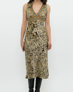 Vintage x Black, Gold Silk-Feel Patterned Dress (XS, S)