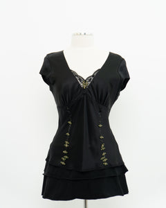 ESSENTIEL ANTWERP x Black Silk Embroidered Top (M)