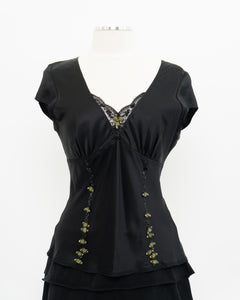 ESSENTIEL ANTWERP x Black Silk Embroidered Top (M)