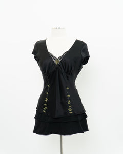 ESSENTIEL ANTWERP x Black Silk Embroidered Top (M)