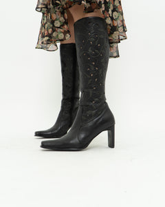 Vintage x Black Leather Floral Cutout Boots (6.5, 7)