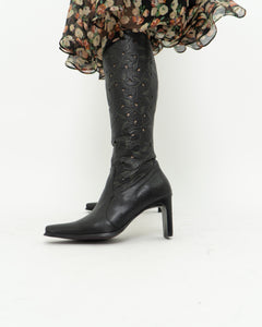 Vintage x Black Leather Floral Cutout Boots (6.5, 7)