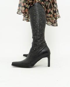 Vintage x Black Leather Floral Cutout Boots (6.5, 7)