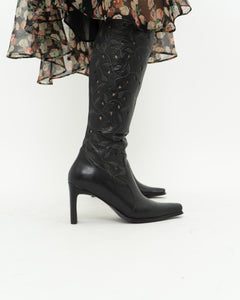 Vintage x Black Leather Floral Cutout Boots (6.5, 7)