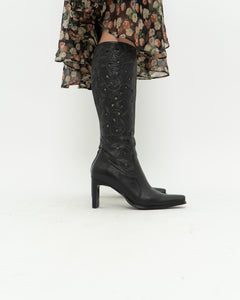 Vintage x Black Leather Floral Cutout Boots (6.5, 7)