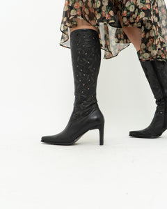 Vintage x Black Leather Floral Cutout Boots (6.5, 7)