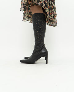 Vintage x Black Leather Floral Cutout Boots (6.5, 7)