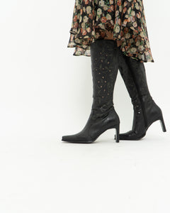 Vintage x Black Leather Floral Cutout Boots (6.5, 7)