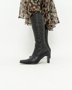 Vintage x Black Leather Floral Cutout Boots (6.5, 7)