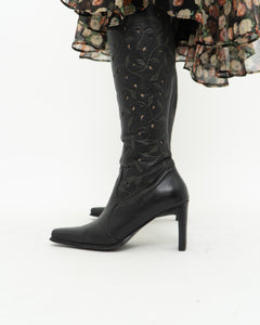 Vintage x Black Leather Floral Cutout Boots (6.5, 7)