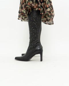 Vintage x Black Leather Floral Cutout Boots (6.5, 7)