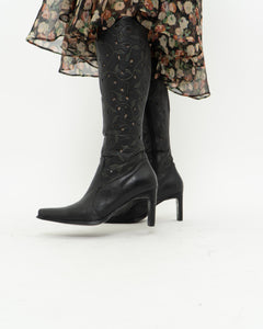 Vintage x Black Leather Floral Cutout Boots (6.5, 7)