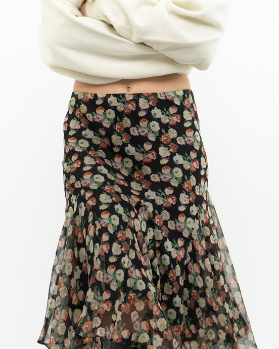 Vintage x RALPH LAUREN Sheer Black Floral Midi Skirt (M)