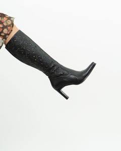 Vintage x Black Leather Floral Cutout Boots (6.5, 7)