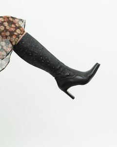 Vintage x Black Leather Floral Cutout Boots (6.5, 7)