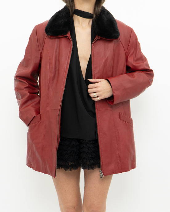 Vintage x DANIER Red Leather, Black Fur Trim Jacket (S, M)