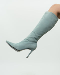 Vintage x Light Teal Suede Heeled Boots (7, 7.5)