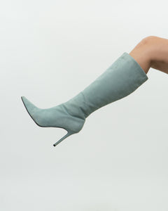 Vintage x Light Teal Suede Heeled Boots (7, 7.5)