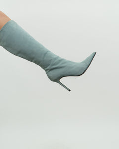 Vintage x Light Teal Suede Heeled Boots (7, 7.5)