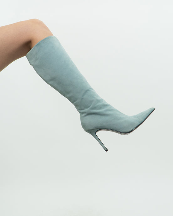 Vintage x Light Teal Suede Heeled Boots (7, 7.5)