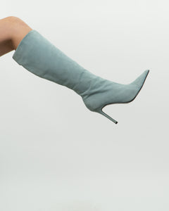 Vintage x Light Teal Suede Heeled Boots (7, 7.5)