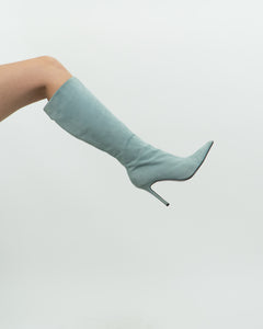 Vintage x Light Teal Suede Heeled Boots (7, 7.5)