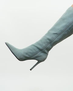 Vintage x Light Teal Suede Heeled Boots (7, 7.5)