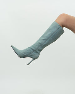 Vintage x Light Teal Suede Heeled Boots (7, 7.5)