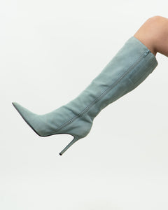 Vintage x Light Teal Suede Heeled Boots (7, 7.5)