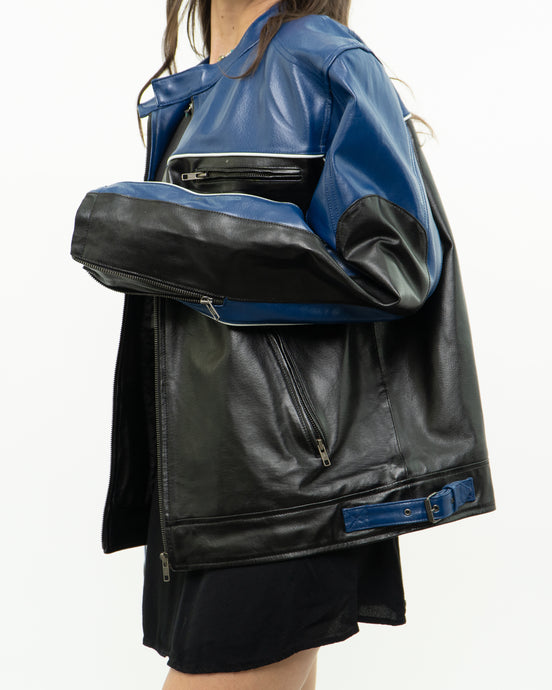 Vintage x Blue & Black Leather Biker Jacket (L)