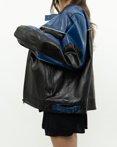 Vintage x Blue & Black Leather Biker Jacket (L)