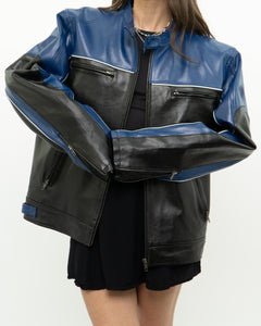 Vintage x Blue & Black Leather Biker Jacket (L)