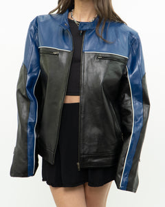 Vintage x Blue & Black Leather Biker Jacket (L)