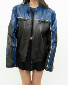 Vintage x Blue & Black Leather Biker Jacket (L)