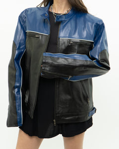 Vintage x Blue & Black Leather Biker Jacket (L)