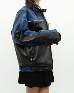 Vintage x Blue & Black Leather Biker Jacket (L)