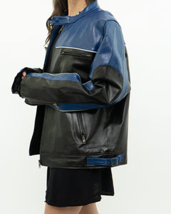 Vintage x Blue & Black Leather Biker Jacket (L)