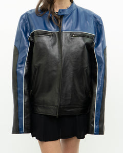 Vintage x Blue & Black Leather Biker Jacket (L)