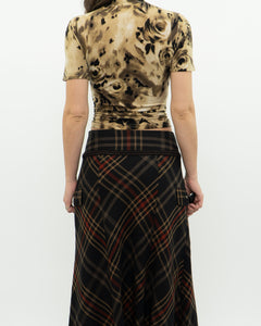 Vintage x Black Plaid Detailed Midi Skirt  (S, M)