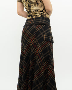 Vintage x Black Plaid Detailed Midi Skirt  (S, M)