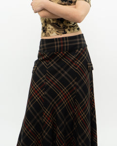 Vintage x Black Plaid Detailed Midi Skirt  (S, M)