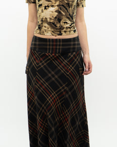 Vintage x Black Plaid Detailed Midi Skirt  (S, M)