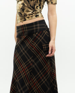 Vintage x Black Plaid Detailed Midi Skirt  (S, M)