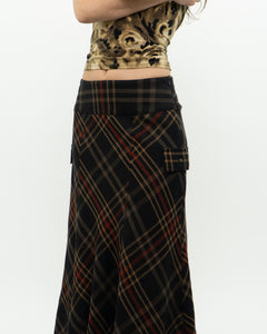 Vintage x Black Plaid Detailed Midi Skirt  (S, M)